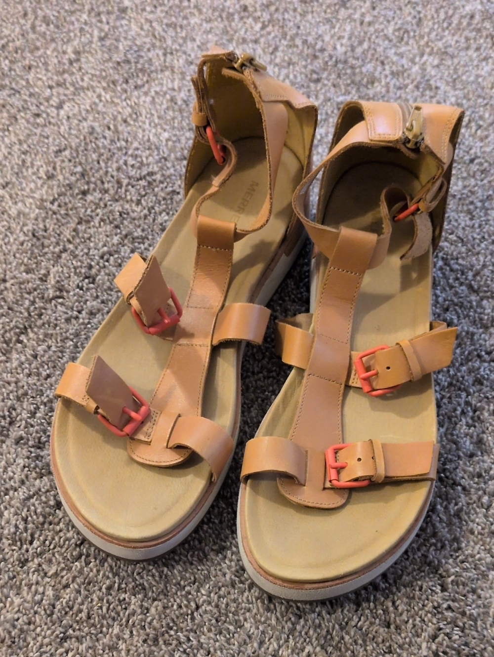 Merrell Tan Leather Sandals with Coral Buckles
